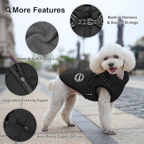 Warm Dog Winter Coat, Windproof Cold Weather Jacket, Reflective & Adjustable Black Pet Vest with Harness, Thick Polar Fleece Lining Cozy Apparel for Small Medium Dogs & Cats - Image 3
