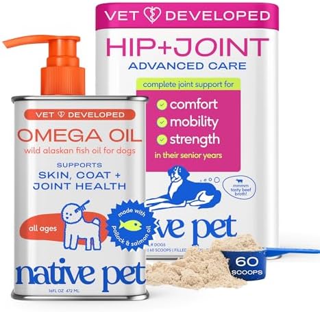 Native Pet Omega 3 Fish Oil for Dogs 16Oz & Advanced Care Hip & Joint Supplement for Dogs 12.7Oz Powder for Mobility & Movement - Supports Healthy Skin, Coat, Joints, Cartilage & Muscle by NativePet
