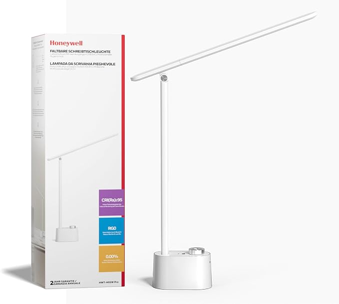 Honeywell H01 Pro Sunturalux Compact LED Desk Lamp Full Spectrum | CRI≥95, Low Blue Light, Flicker-Free, 3000K-5500K, Small Desk Light for Working, Study, White by HoneywellAirComfort