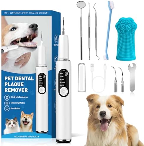 Dog Teeth Cleaning Kit Dog Plaque and Tartar Remover with LED Light 5 Adjustable Modes Electric Toothbrush Pet Teeth Cleaner for Dogs and Cats (White and Blue Finger Cots) by Unknown