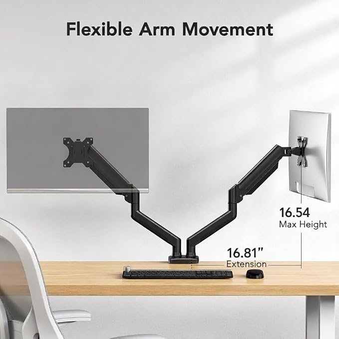 HUANUO Dual Monitor Mount for 2 Monitors up to 30 inches, Each Arm Holds Max 22lbs, Dual Monitor Stand with Advanced System, Height-Adjustable/Tilt/Swivel/Rotate, VESA Standard 75mm or 100mm - Image 4