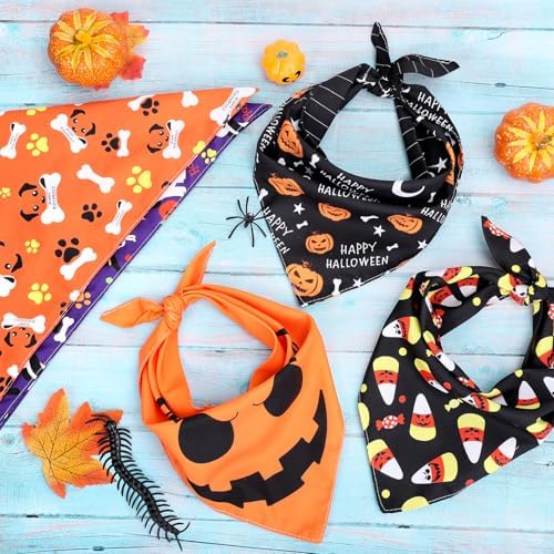 Whaline 5 Pack Halloween Dog Bandanas, Triangle Pet Scarfs Washable Pet Neckerchief Dog Bibs, Pumpkin, Ghost, Candy Corn and Bones Pet Bandanas Medium - Image 4