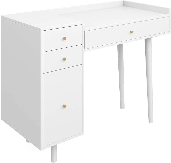 Nathan James Daisy Vanity Dressing Table or Makeup Desk with 4-Drawers and Brass Accent Knobs, White Wood - Image 4
