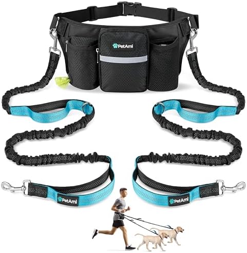 PetAmi Premium Hands Free Dog Leash for 2 Dogs, Adjustable Waist Belt Leash for Dog Walking, Fanny Pack Accessories Bag Dual Bungee Leash for Running, Hiking, Jogging, Biking, Black by PetAmi