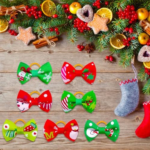 20Pcs/10 Pairs Christmas Snowflkes Snowman Pattern Yorkie Dog Puppy Hair Bows with Rubber Bands Hair Accessories Bow Pet Grooming Cute Small Hair Bowknot Gifts (Snowflakes) - Image 7