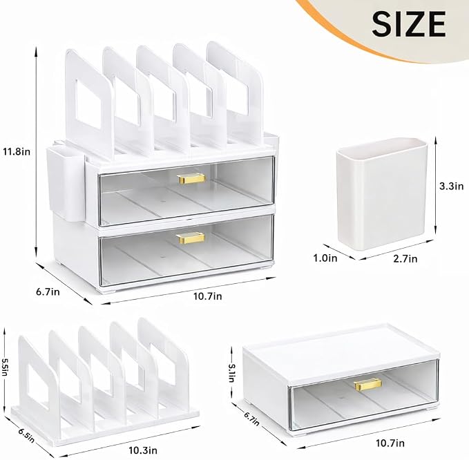 CiWiVOKi Desk Organizer with 4 File Slots and 2 Drawers, White | Desktop organizer with dual pen holders for storing files, mail, notebooks and office supplies in home or office use - Image 2