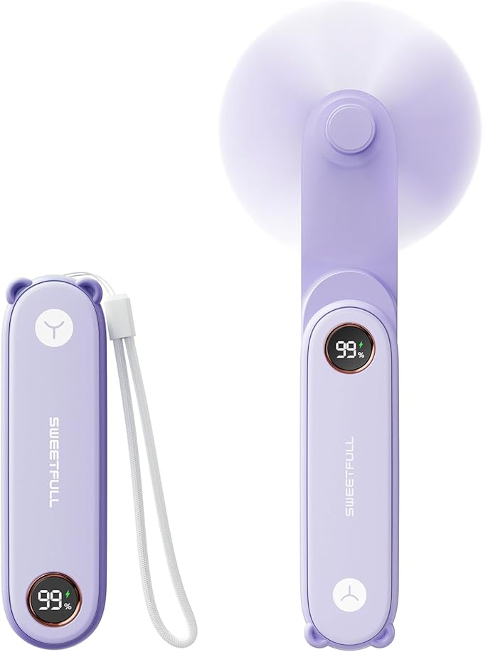 SWEETFULL Portable Handheld Mini Fan with LED Display, 3-in-1 Personal Foldable USB Rechargeable Hand Held Fan & Flashlight for Travel, Lash Eyelash, Cute Small Pocket for Women, Girls by SWEETFULL