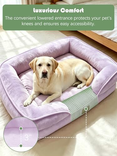 Spotted Play Orthopedic Dog Bed with Sides - Sofa Beds for Extra Large Dogs, Supportive Foam Pet Couch Bed with Washable Removable Cover, Waterproof Lining and Non-Slip Bottom, Purple - XL - Image 3