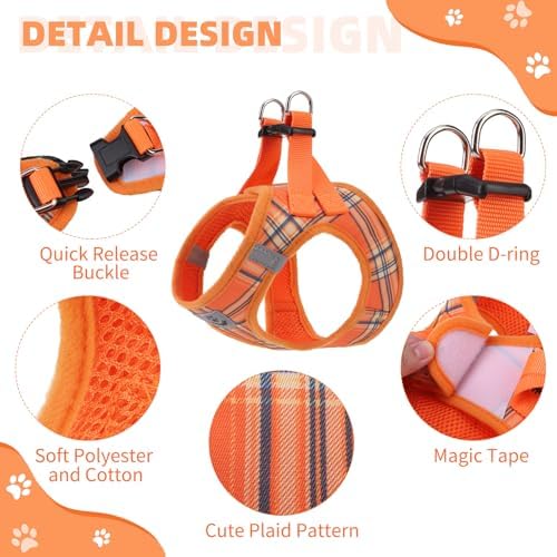 KOOLTAIL Thanksgiving Dog Harness for Small Medium Dogs,Dog Harness and Leash Set, Step in No Pull Soft Mesh Padded Adjustable and Reflective Pet Vest Puppy, Extra Harness for XS S Dogs Orange Plaid S - Image 2