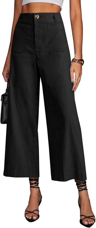 miduo Womens High Waisted Cropped Wide Leg Stretchy Straight Pants Trousers with Pockets by miduo