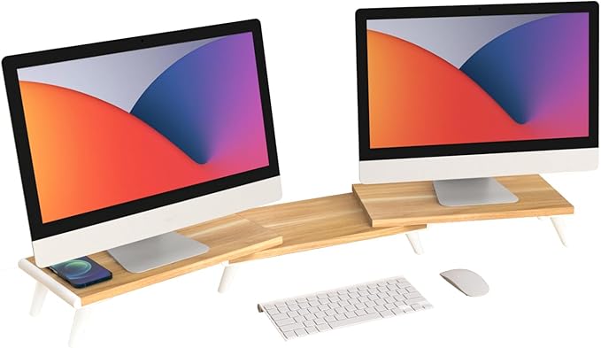 loukin Dual Monitor Stand Riser for Desk, 43.6"*8.2"*3.2" Large Computer Stand for 2 Monitors, Laptop, Printer, Length and Angle Adjustable Computer Shelf, Home Office,Max 43.6" Length Natural by LOUKIN