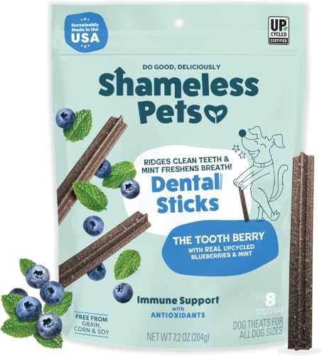 Shameless Pets Blueberry & Mint Dental Chews for Dogs, 8 Chews - Natural Dog Teeth Cleaning Treats with Fresh Breath Benefits | Grain-Free Dental Sticks for Small, Medium & Large Dogs (Pack of 6) by SHAMELESSPETS