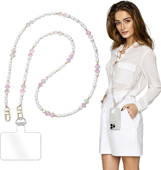 Phone Chain Crossbody Pearl Strap,Pearl Beaded Chain Shoulder Crossbody Lanyard with Phone Tether Patches Compatible with Most Phones Bag Purse (F) by Turkalla
