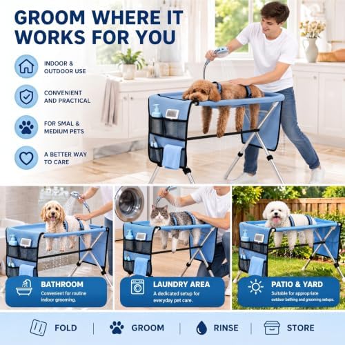 Pet Grooming Table for Small Dogs and Cats, Elevated Grooming Station with Stainless Steel Stand and Quick-Dry Mesh, Dog Grooming Hammock Stand for Bathing, Nail Trimming, Brushing, Drying, 30 lb - Image 4