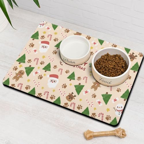 Christmas Dog Food & Water Mat, Paw Prints Santa Claus Snowman Xmas Pet Feeding Mat for Floor Non-Slip Waterproof, Super Absorbent Cat Bowl Mat, Easy to Clean Pet Placemat,16" × 24" by Stunnoosy