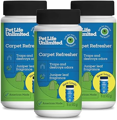 Pet Life Unlimited Carpet Deodorizer Powder, 16 oz, Strong Pet Odor Eliminator & Carpet Freshener, Plant-Based Juniper Leaf Scent, Pet Safe (Pack of 3) by PetLifeUnlimited