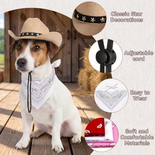 Pet Cowboy Costume, Dog Cowboy Hat with Bandana Scarf, Adjustable Cat Cowboy Hat for Party Cosplay Christmas, Halloween Cowboy Costumes for Small Pet Dogs Cats (Khaki, Small) - Image 3
