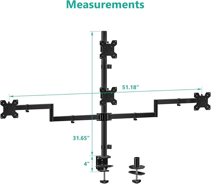 WALI Quad Monitor Mount for 13-27 Inch Screens, Fully Adjustable 4 Monitor Stand with Swivel, Tilt, Rotation, Clamp & Grommet Base Kit, Max Load 22lbs per Screen (M004S), Black - Image 8