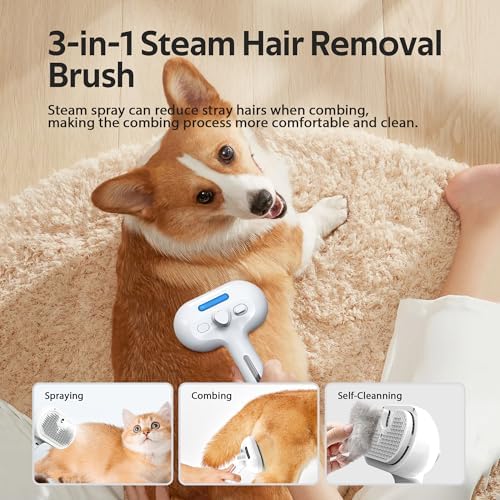 Pet Grooming Brush with Electronic Mist Spray - Gentle Deshedding Tool for Cats & Dogs, Pet Steam Brush，Reduces Shedding, Soft Bristles, Promotes Healthy Coat-Comes with a hair smoothing comb-White - Image 5