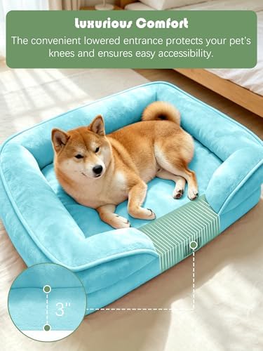 Spotted Play Orthopedic Dog Bed with Sides - Sofa Beds for Medium Dogs, Supportive Foam Pet Couch Bed with Washable Removable Cover, Waterproof Lining and Non-Slip Bottom, Ice Blue - M - Image 3