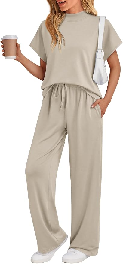 AUTOMET Women's 2 Piece Matching Lounge Sets 2026 Summer Mock Neck Sweatsuits Short Sleeve Loungewear Travel Outfits by AUTOMET