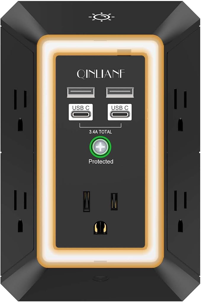 3-Sided Surge Protector Power Strip - QINLIANF Multi Plug Outlet with 5 Outlet Extender and 4 USB Ports(2 USB-C) and Night Light, USB Wall Charger for Home, Office, Travel, ETL Listed, Black by QINLIANF