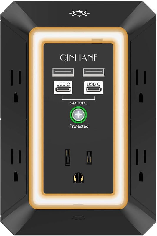 3-Sided Surge Protector Power Strip - QINLIANF Multi Plug Outlet with 5 Outlet Extender and 4 USB Ports(2 USB-C) and Night Light, USB Wall Charger for Home, Office, Travel, ETL Listed, Black by QINLIANF