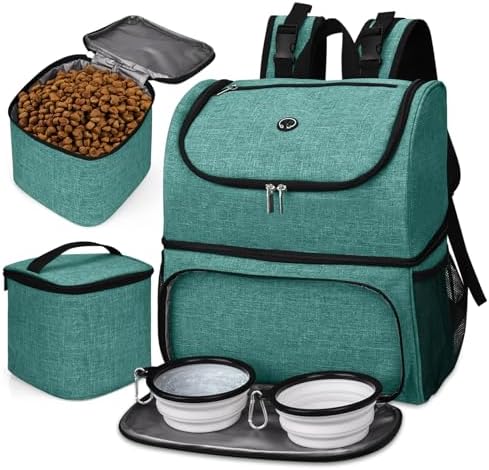 BAGLHER Pet Travel Bag, Double-Layer Pet Supplies Backpack (for All Pet Travel Supplies), Pet Travel Backpack with 2 Silicone Collapsible Bowls and 2 Food Baskets Green by BAGLHER