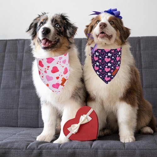 PTDECOR Valentine Dog Bandana, White Purple Love Heart Design Reversible Dog Scarf, Triangle Valentine Bandanas for Medium Large Pets (Large) - Image 2