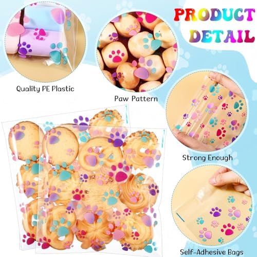 Pasimy 200 Pcs Dog Paw Treat Bags, Clear Self Adhesive Light Blue - Image 3