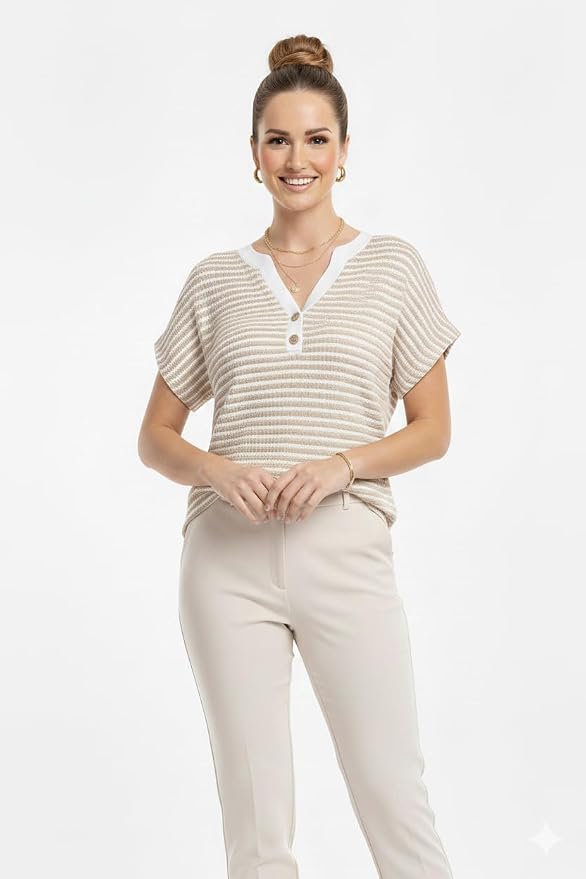 Womens Henley Summer Tops V Neck Button Dressy Casual T Shirts Blouses | Breathable, V-Neck Button, Striped, Loose Fit, Business Casual, Office, Vacation, Spring Summer Tops, Basic Shirts - Image 2
