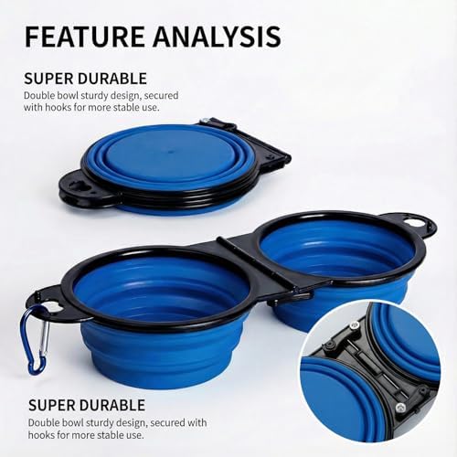 Double Collapsible Dog Bowls for Travel, Food and Water Set with Clip, Blue - Image 2