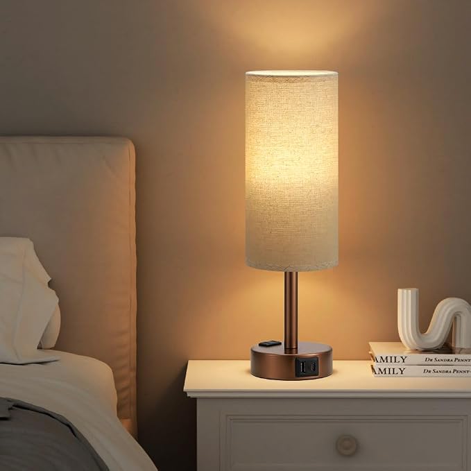 Fenmzee Brown Bedside Table Lamp for Bedroom - 3 Way Dimmable Touch Lamp USB C Charging Ports and AC Outlet, Small Lamp Round Flaxen Fabric Shade for Living Room, Desk, LED Bulb Included - Image 6