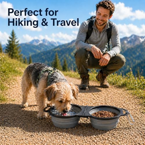Double Collapsible Dog Bowls for Travel, Food and Water Set with Clip, Gray - Image 6