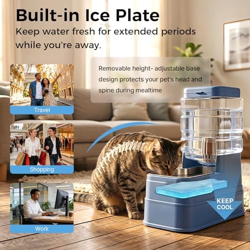 Automatic Cat Feeder and Water Dispenser with Stainless Steel Bowl with Ice Pack Gravity Food Feeder and Waterer Set Feeding Raised Bowls with Filter for Dog 1.3 Gallon x 2(Blue) - Image 4