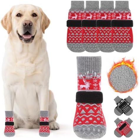 KOOLTAIL Dog Socks to Prevent Licking Paws, Dog Christmas Outfit Shoes for Winter Snow Pavement, Warm Fleece Pet Boots & Paw Protector for Hardwood Floors Anti Slip, Small Medium Large Size, Red M by KOOLTAIL