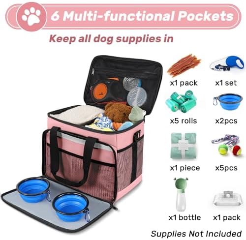 6 Set Dog Travel Bag, Large Pet Travel Kit for Supplies, Pink - Image 3