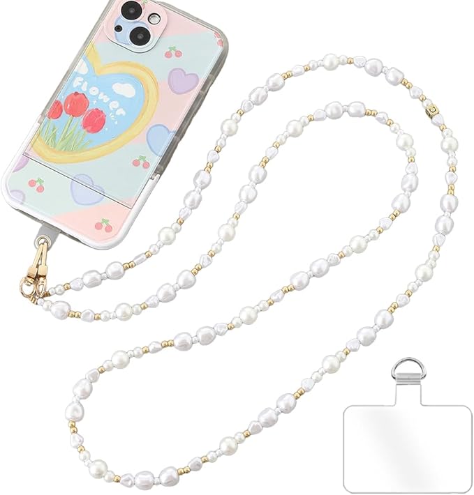 Phone Chain Crossbody Pearl Strap,Pearl Beaded Chain Shoulder Crossbody Lanyard with Phone Tether Patches Compatible with Most Phones Bag Purse(H) by Turkalla