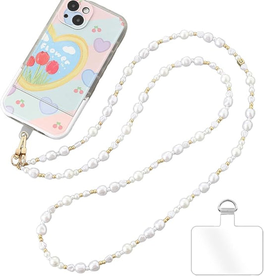 Phone Chain Crossbody Pearl Strap,Pearl Beaded Chain Shoulder Crossbody Lanyard with Phone Tether Patches Compatible with Most Phones Bag Purse(H) by Turkalla