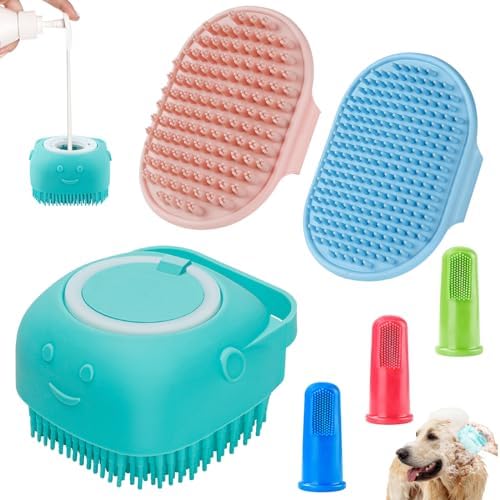 Comotech 3-in-1 Dog Grooming Brush | Adjustable Handle Shampoo Brush & Scrubber for Short & Long Haired Dogs & Cats (Blue Pink Blue) by Comotech