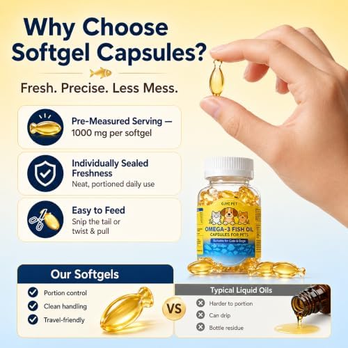 Fish Oil for Dogs & Cats, 60 Softgels – Salmon Oil Omega 3 with EPA & DHA for Skin & Coat, Joint & Heart Health – Fish Oil Capsules with Vitamin A, D3 & E – Daily Wellness Supplement - Image 7