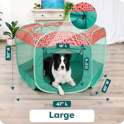 FurHaven Soft-Sided Dog & Cat Playpen, Portable Foldable Indoor & Outdoor Pet Playpen with Mesh Windows & Zippered Door, Green & Pink, Large - Image 3