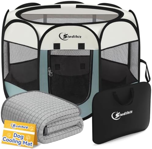 Siedihit Dog Pet Playpen Tent Crate Cage with Cooling Pee Pad, Small Grey by Siedihit