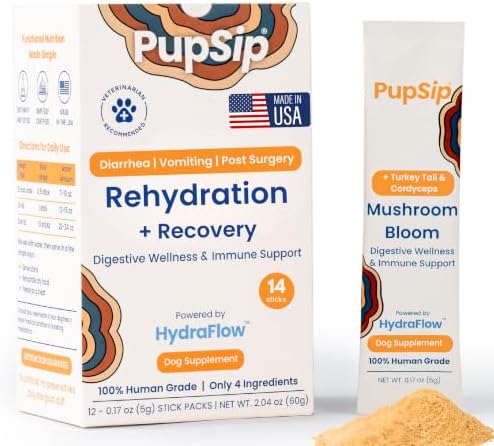 Dog Hydration Support – Helps During Stomach Upset, Vomiting & Diarrhea – Restores Appetite & Boost Energy with Electrolytes and Turkey Tail Mushroom, 14 Sticks by PupSip