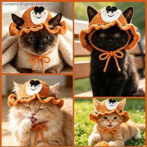 Ghost Cat Hat, Cotton & Soft Cute Knitted Hats for Cats Birthday Party Halloween Christmas Spring Puppy Hat for Small Pets (Orange,M) - Image 5