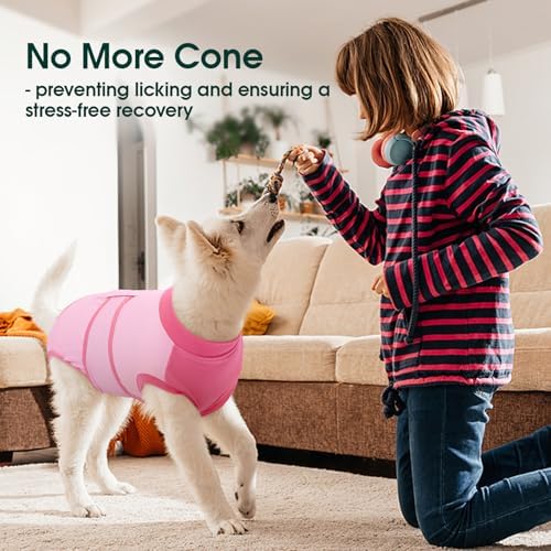 Kuoser Dog Recovery Suit, Female Male Spay Neuter Surgery Suit, Pink, L - Image 3