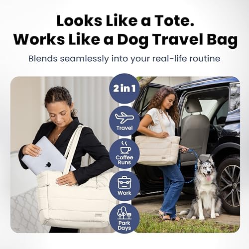Rubyloo Dog Mom Essentials Bundle - Puffer Tote with Storage Containers (Beige) and 32 oz Water Bottle with Detachable Bowl (I Love My Dog) - Travel Bag and Hydration Set - Image 4