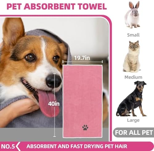 Bath Grooming Kit for Pets - Hair Brush Set with Towel, Washing Gloves, and Shampoo Scrubber Brush for Dogs and Cats (Pink) - Image 6