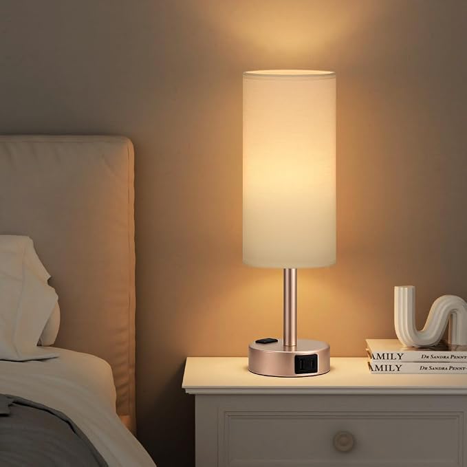 Antique White Bedside Table Lamp for Bedroom - 3 Way Dimmable Touch Lamp USB C Charging Ports and AC Outlet, Small Lamp Gold Base Round Flaxen Fabric Shade for Living Room, Desk, LED Bulb Included - Image 6