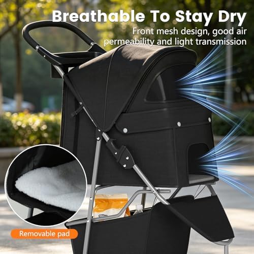 BestPet | 3-Wheel Pet Stroller | Dog and Cat Stroller | Breathable Mesh | Lightweight Travel Carrier | Waterproof & Foldable Design | Storage Basket | Black | for Daily Walks & Outdoor Use - Image 6
